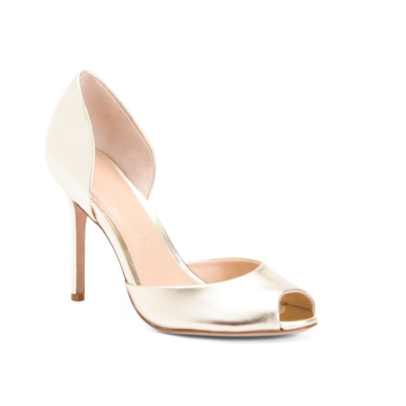 VERONICA BEARD Platinum Leather Gadot Metallic Peep Toe Pumps